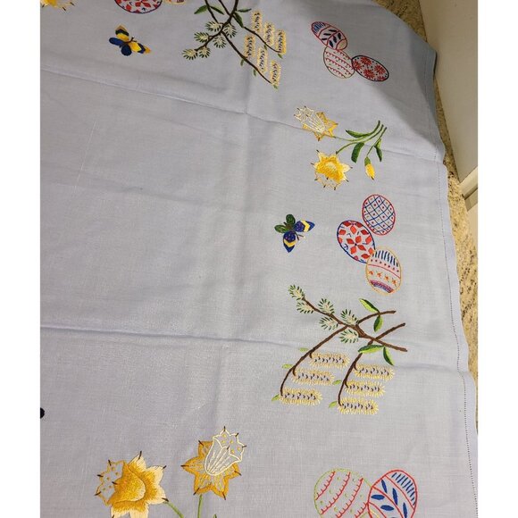 Linen 33x34" Tablecloth Handmade Ukraine Eggs Butterfly Flowers Blue Colorful - Picture 5 of 13